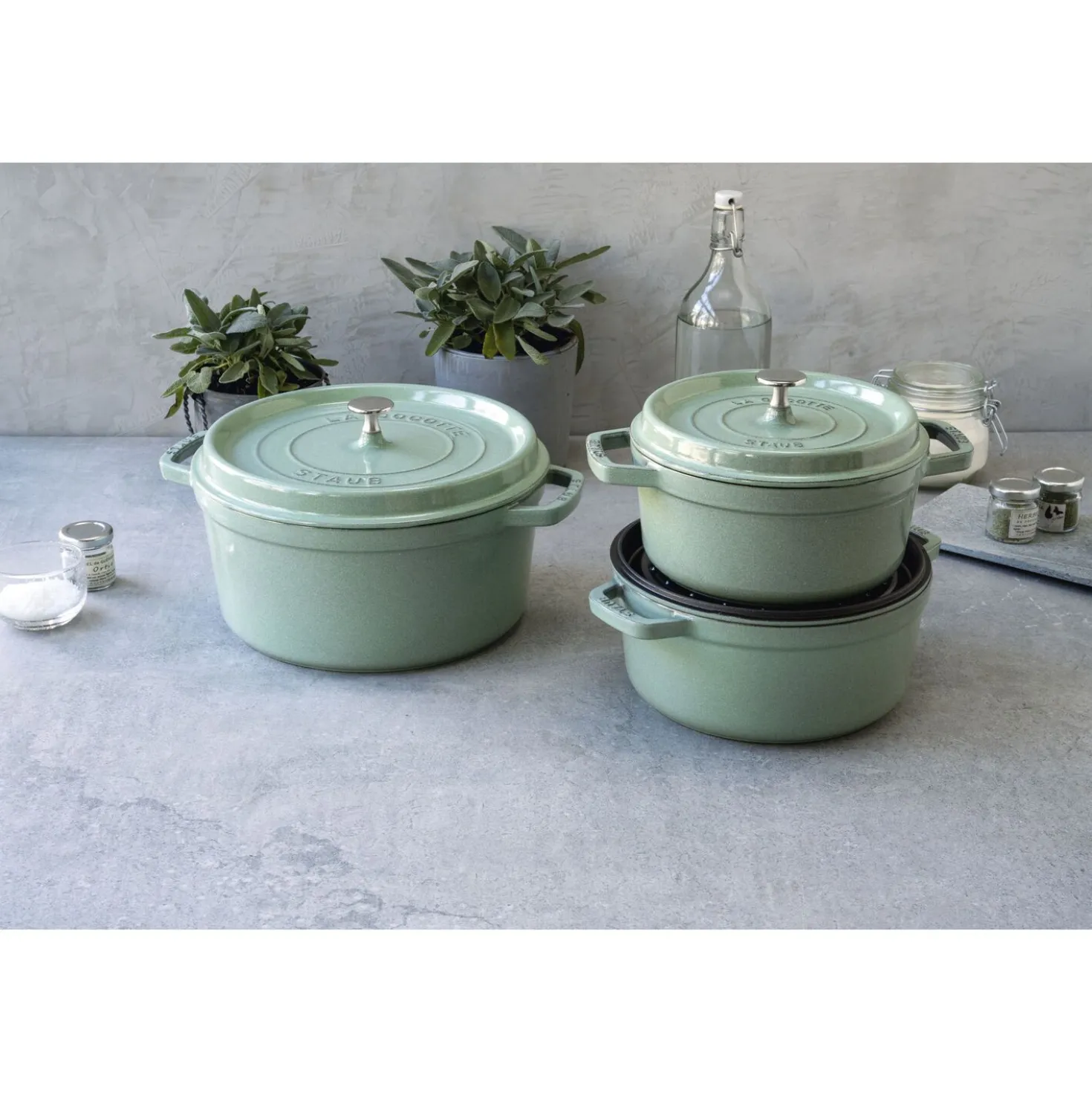 Cocotte 28 cm, rund, Salbeigrün, Gusseisen