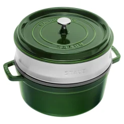 Cocotte mit Dämpfeinsatz 26 cm, rund, Basilikum-Grün, Gusseisen