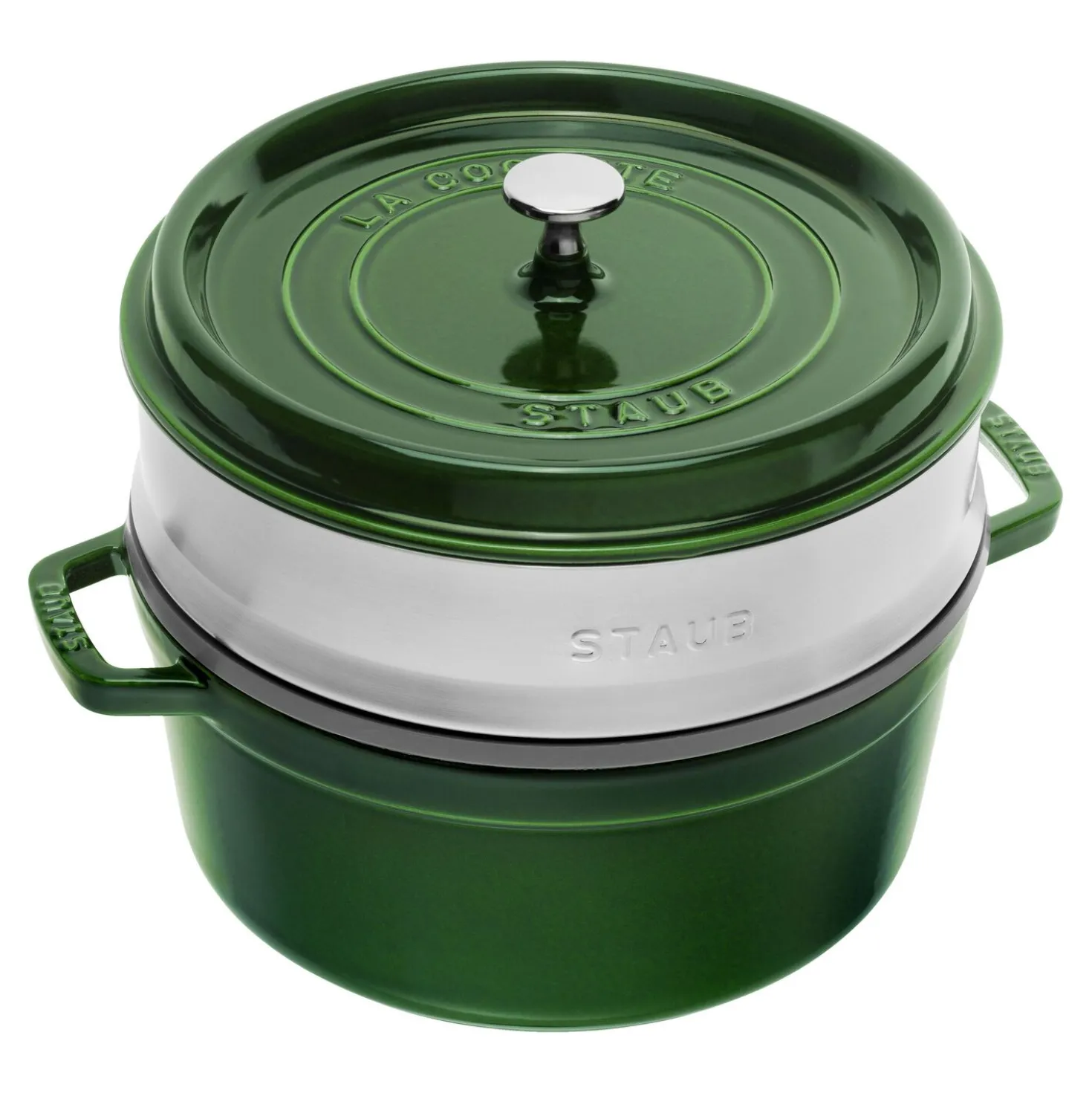 Cocotte mit Dämpfeinsatz 26 cm, rund, Basilikum-Grün, Gusseisen