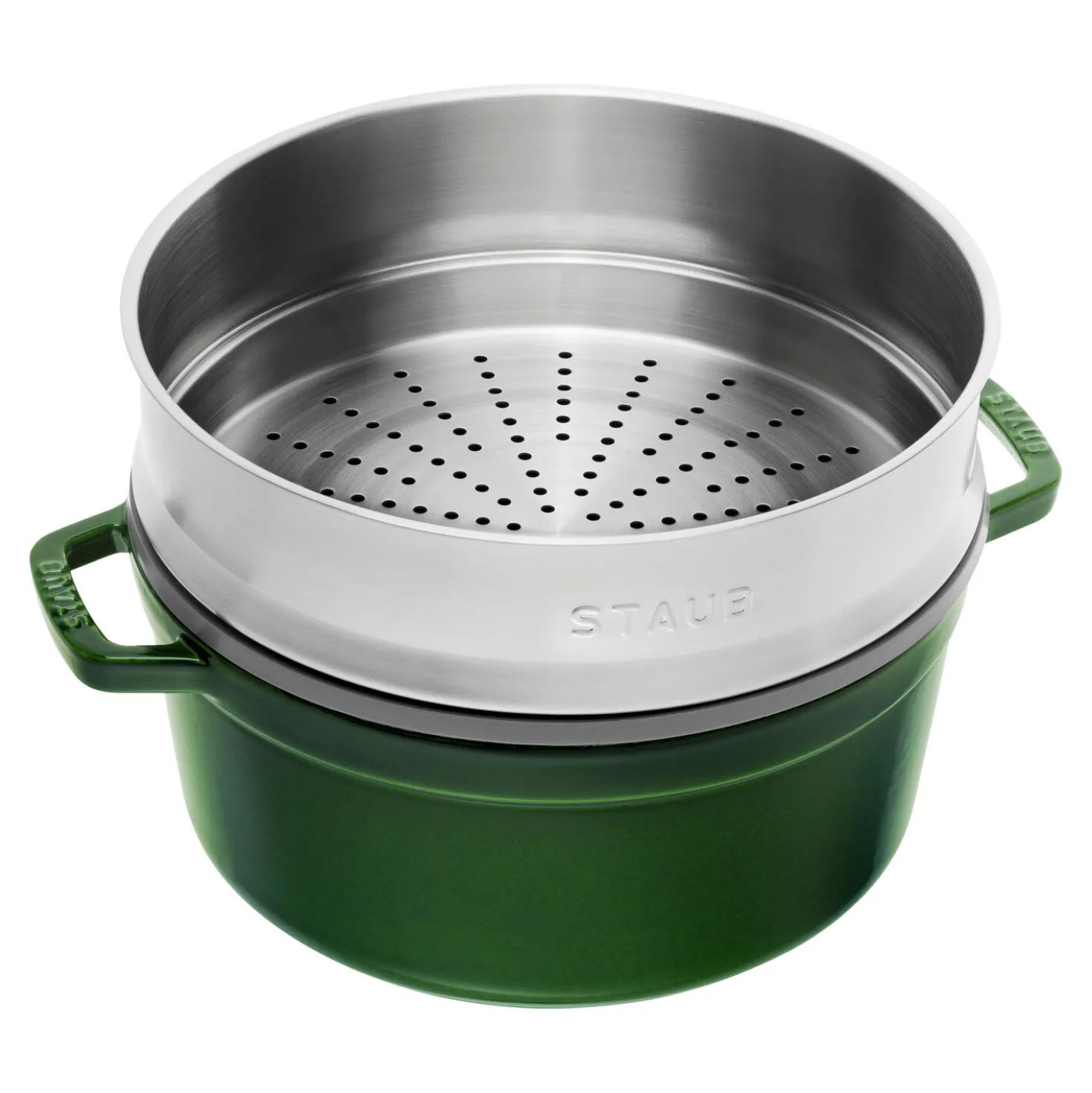 Cocotte mit Dämpfeinsatz 26 cm, rund, Basilikum-Grün, Gusseisen
