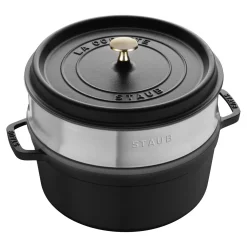Cocotte mit Dämpfeinsatz 26 cm, rund, Schwarz, Gusseisen
