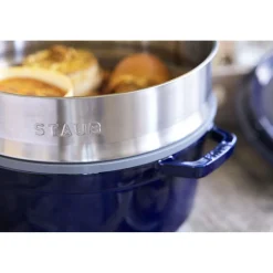 Cocotte mit Dämpfeinsatz 26 cm, rund, Dunkelblau, Gusseisen