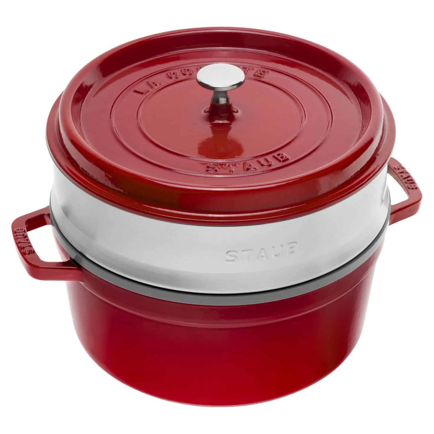 Cocotte mit Dämpfeinsatz 26 cm, rund, Kirsch-Rot, Gusseisen