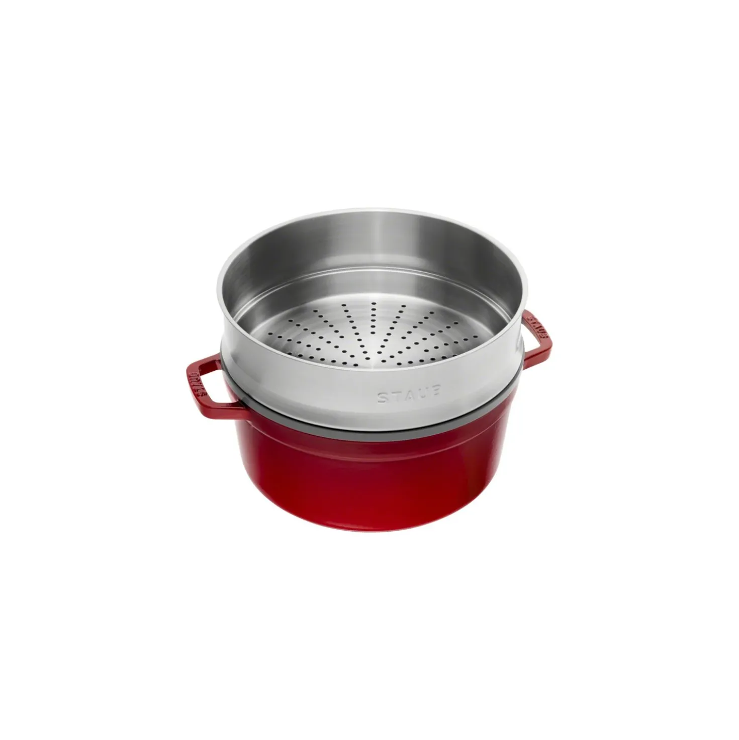 Cocotte mit Dämpfeinsatz 26 cm, rund, Kirsch-Rot, Gusseisen