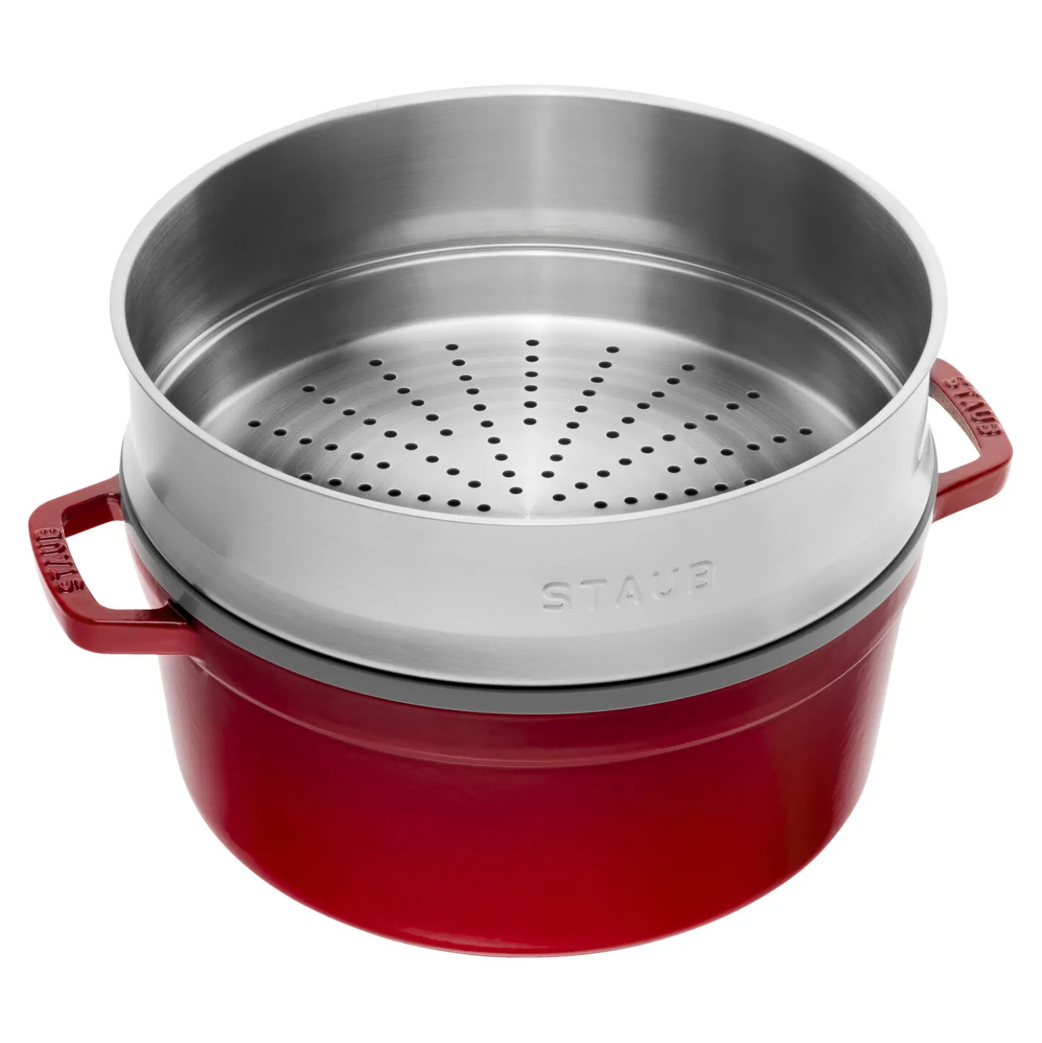 Cocotte mit Dämpfeinsatz 26 cm, rund, Kirsch-Rot, Gusseisen