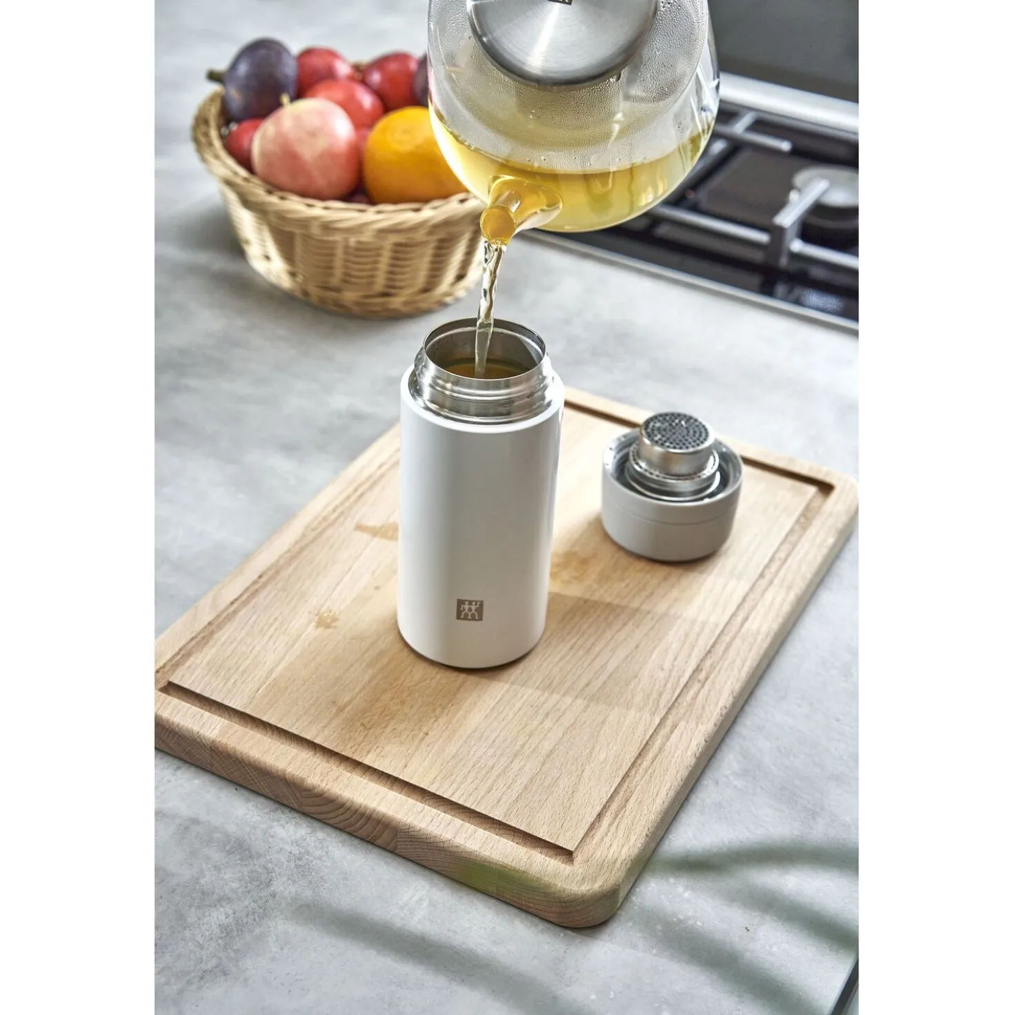 Isolierflasche für Tee & Infused Water, 420 ml, Edelstahl, Weiß-grau
