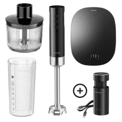 Kabelloser Stabmixer mit digitaler Küchenwaage und Zerkleinerer, 5-tlg. Schwarz