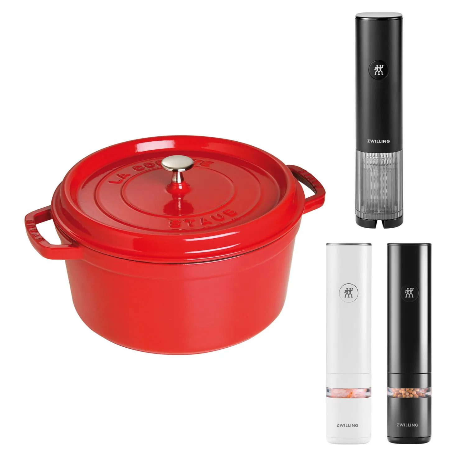 Koch-Set mit Gewürzmühlen, Weinöffner und roter Cocotte, 4-tlg.