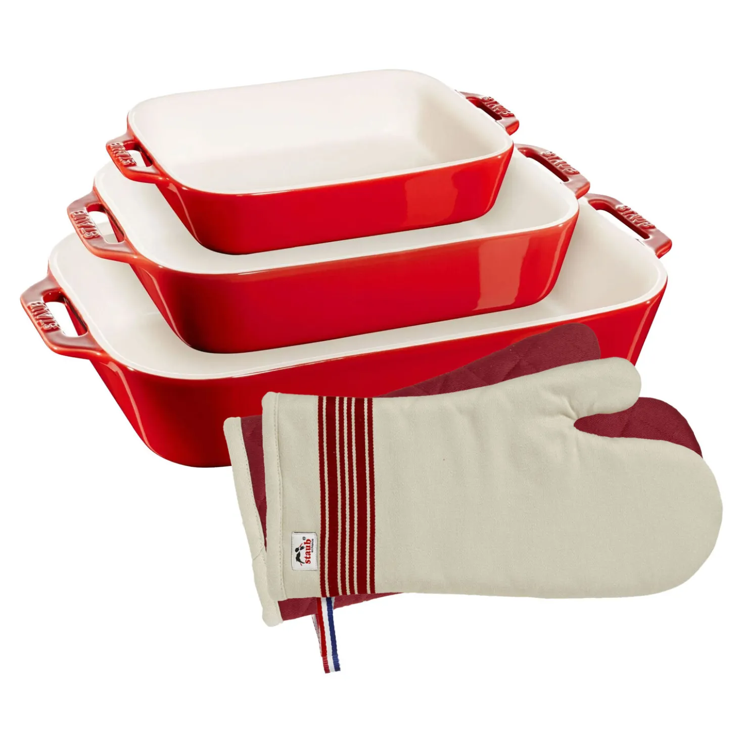Ofenformen & Ofenhandschuhe Set, 5-tlg. / S/M/L, Kirsch-Rot, Keramik/Baumwolle
