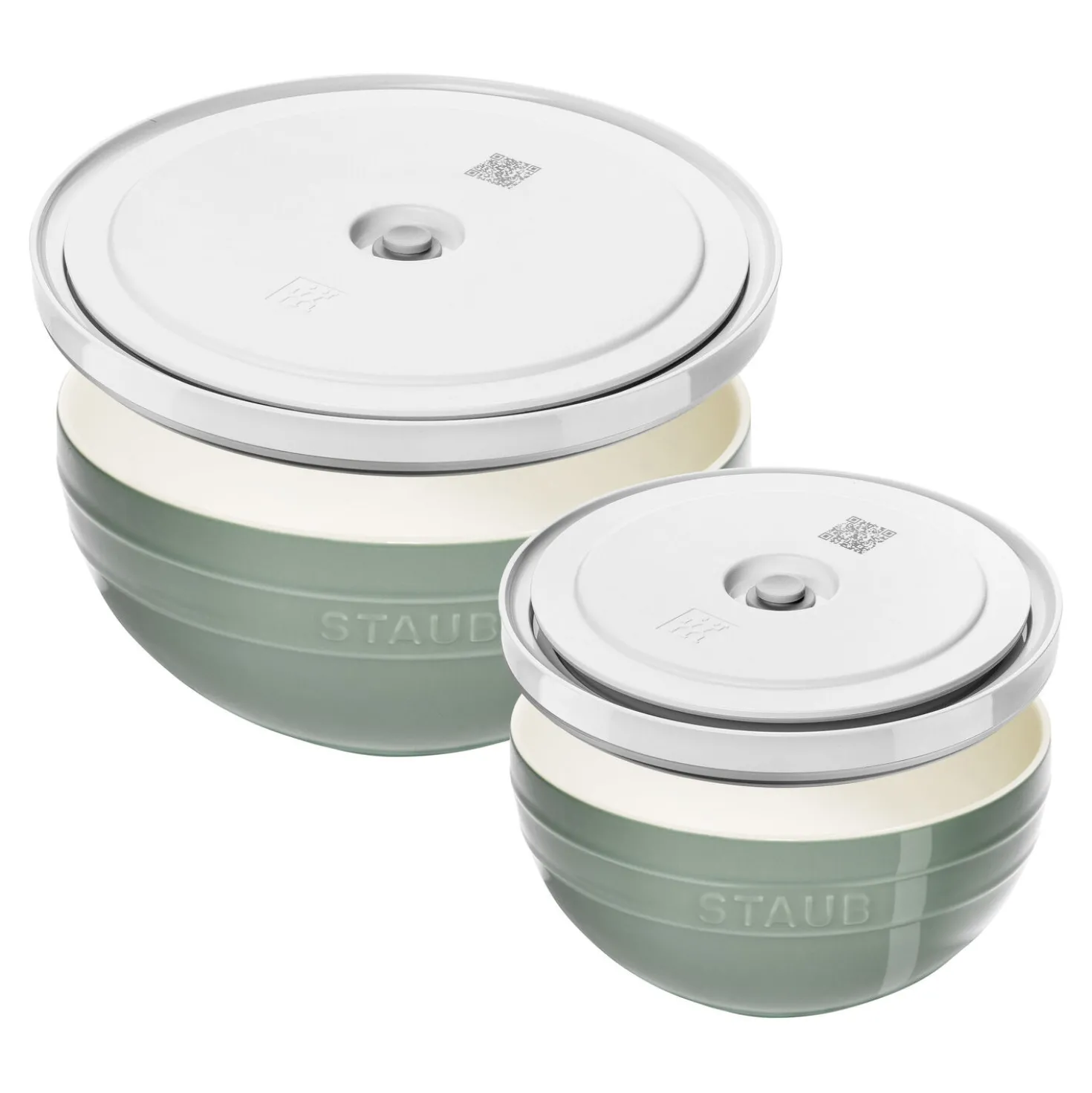 Schüssel-Set mit Vakuumdeckeln, 18 cm/ 24 cm/ 4-tlg., Eukalyptus/ Weiß, Keramik