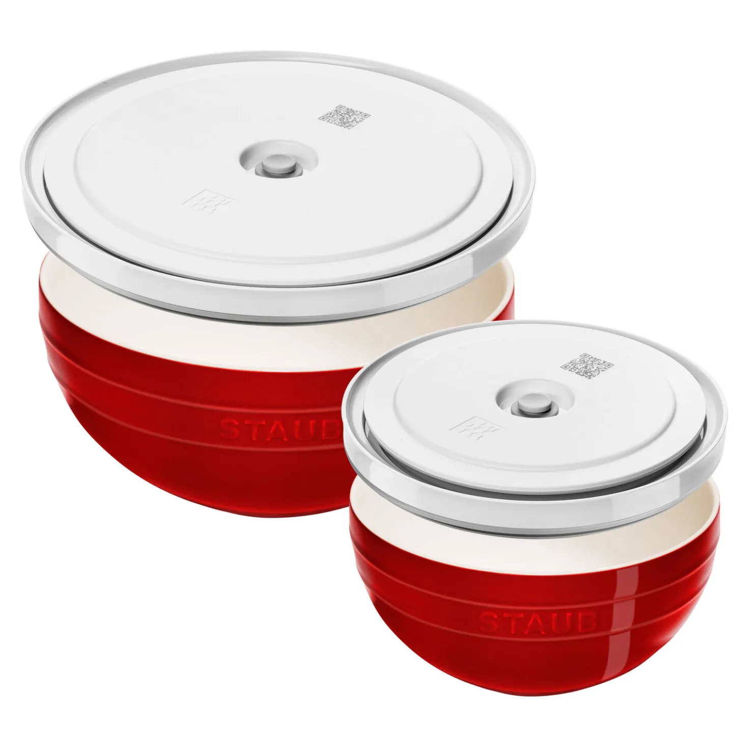 Schüssel-Set mit Vakuumdeckeln, 18 cm/ 24 cm/ 4-tlg., Kirschrot/ Weiß, Keramik