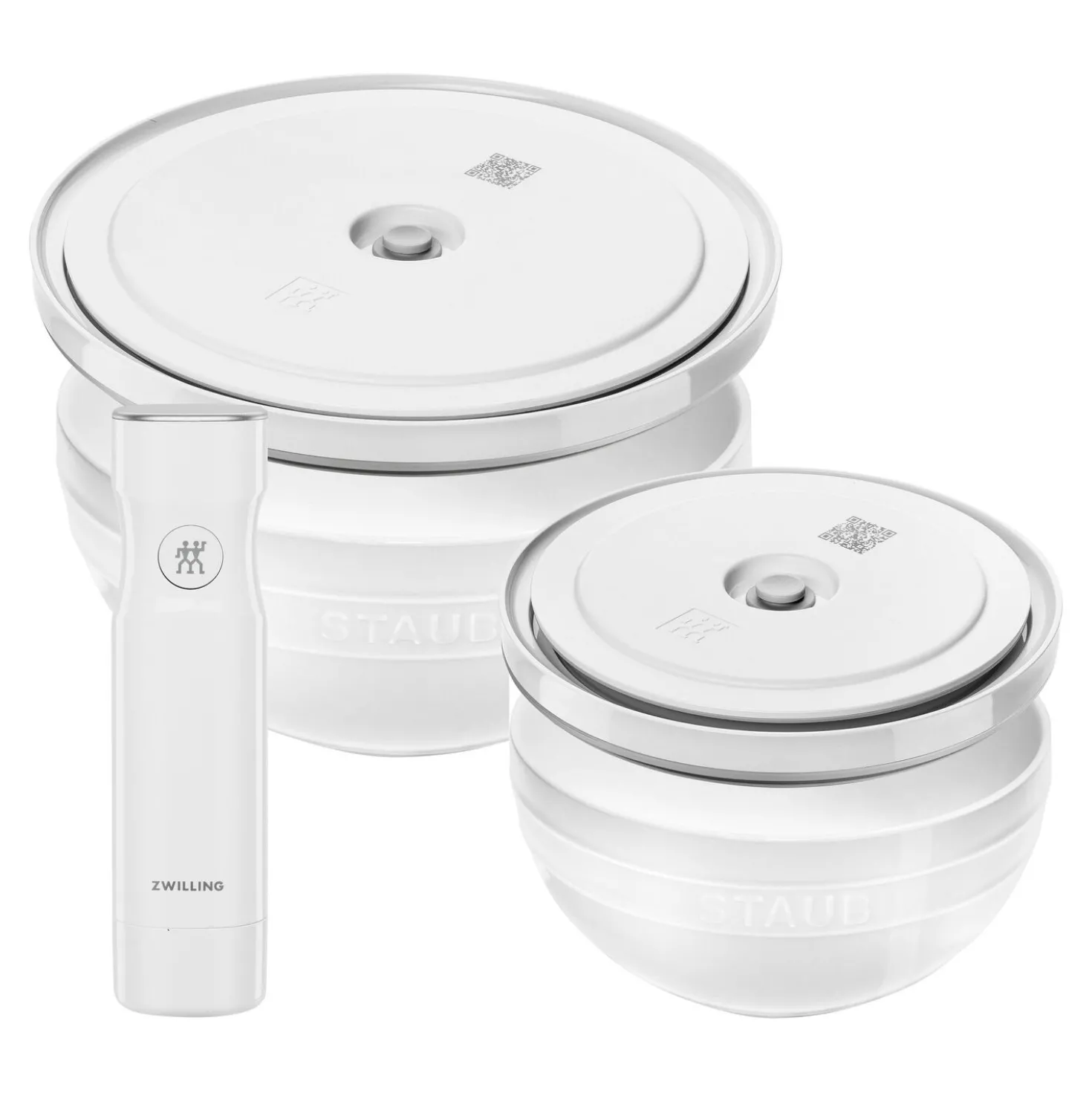 Schüssel-Set mit Vakuumpumpe und -deckeln, 18 cm/ 24 cm/ 5-tlg., Weiß, Keramik