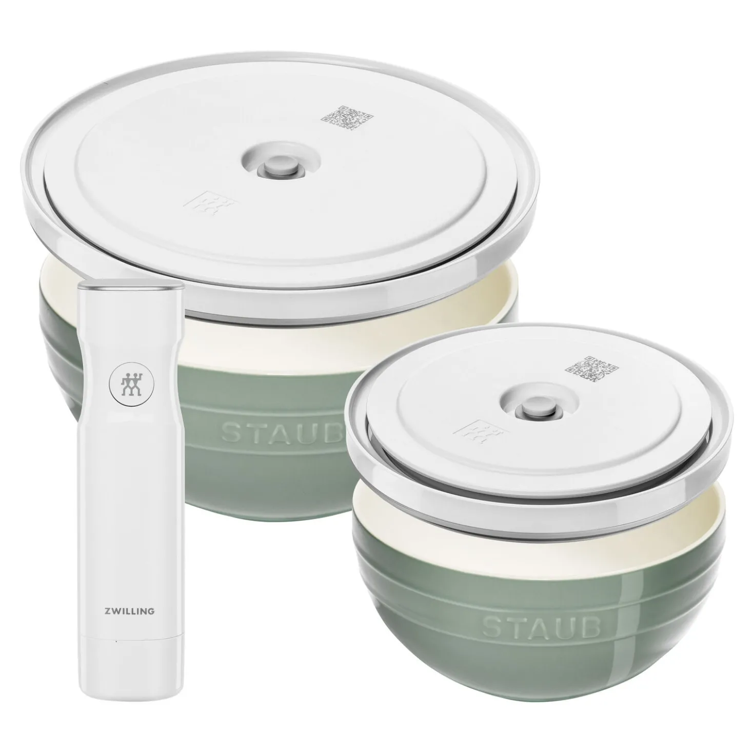 Schüssel-Set mit Vakuumpumpe und -deckeln, 18 cm/ 24 cm/ 5-tlg., Eukalyptus/ Weiß, Keramik