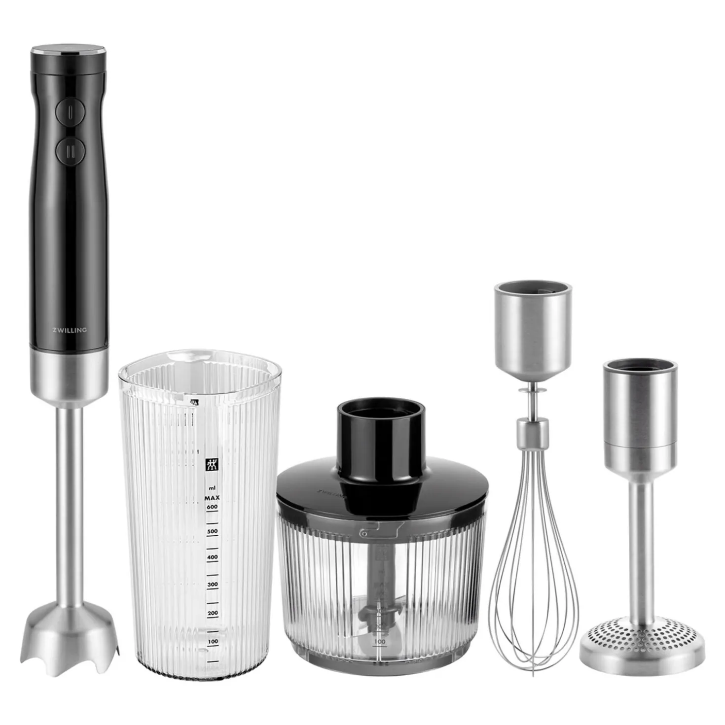 Stabmixer, Zerkleinerer, Kartoffelstampfer & Schneebesen Set, 4-tlg., Schwarz/Silber
