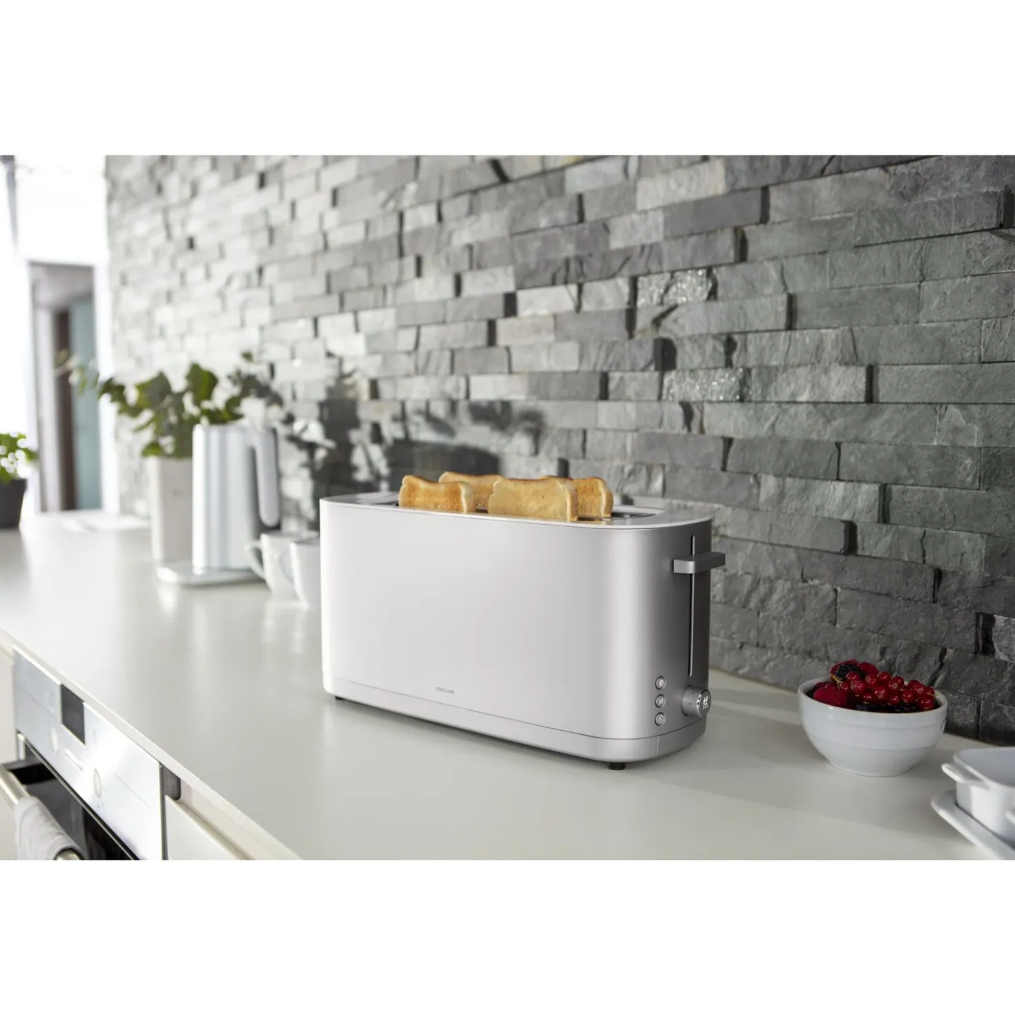 Toaster mit Brötchenaufsatz, 2 Schlitze lang, Silber