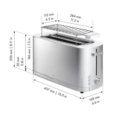 Toaster mit Brötchenaufsatz, 2 Schlitze lang, Silber