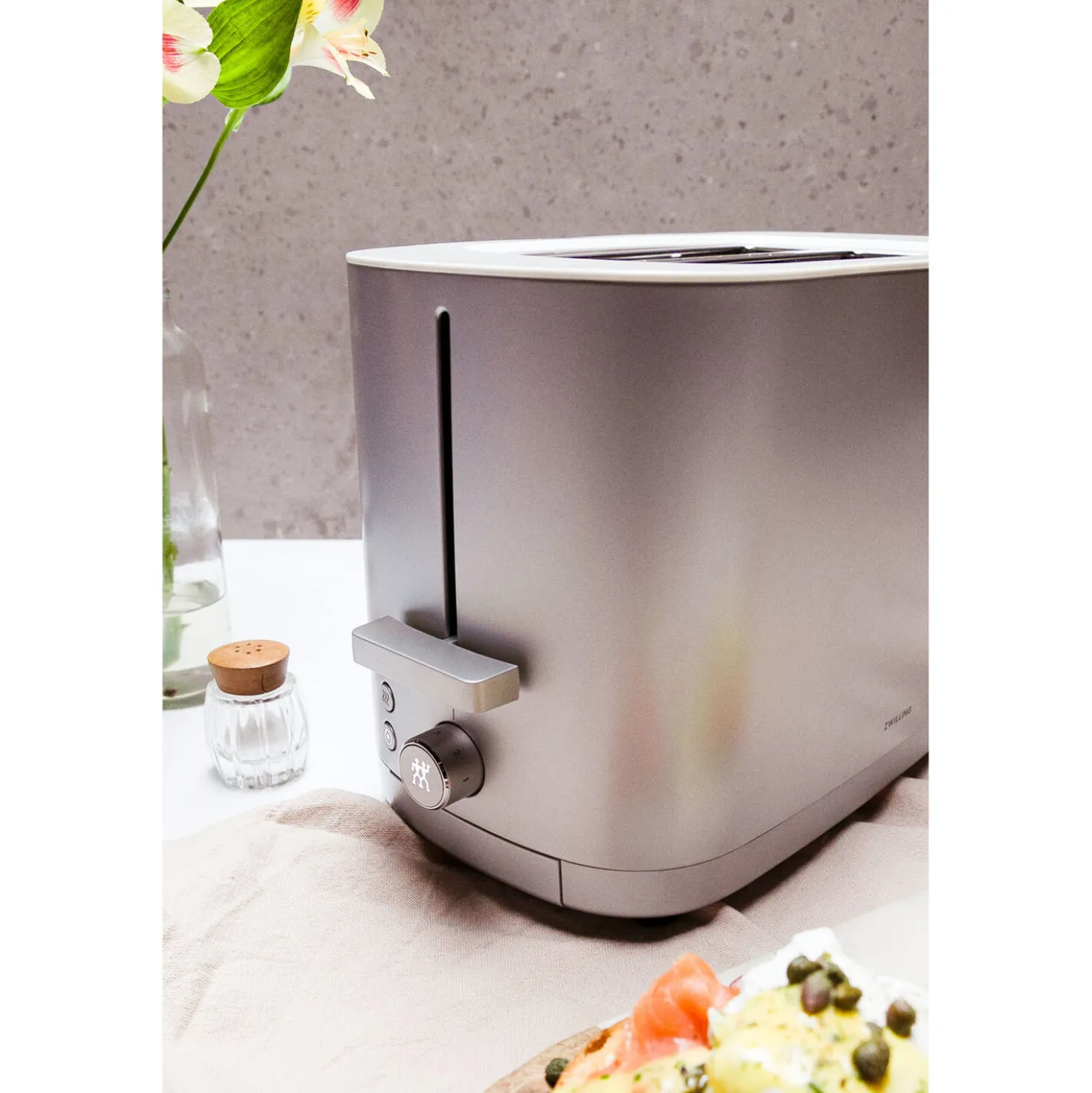 Toaster mit Brötchenaufsatz, 2 Schlitze kurz, Silber