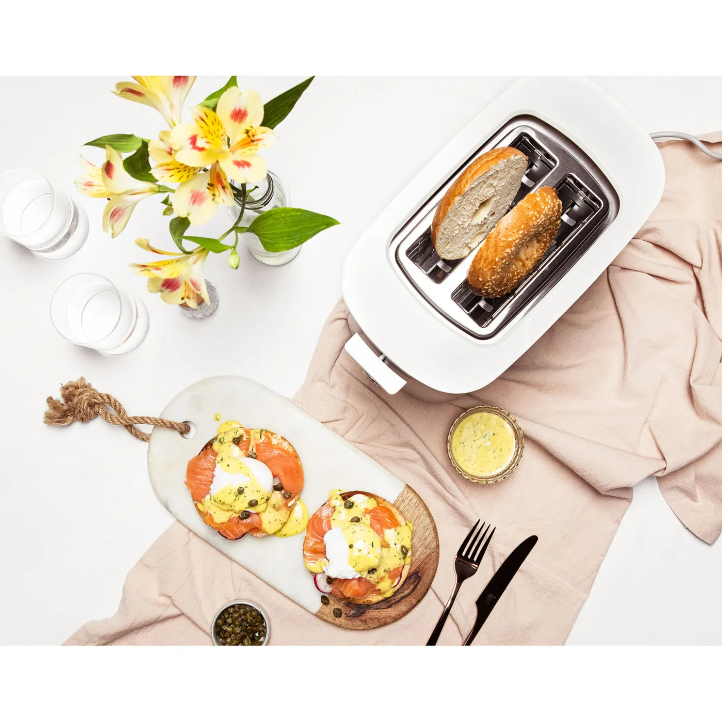 Toaster mit Brötchenaufsatz, 2 Schlitze kurz, Silber