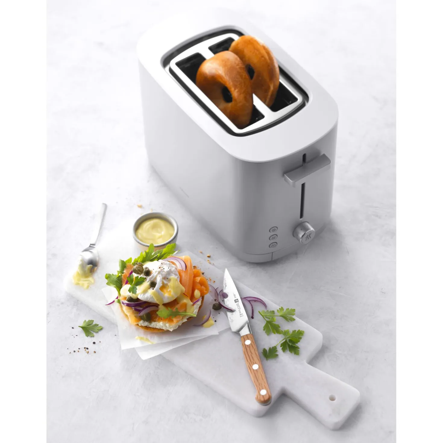 Toaster mit Brötchenaufsatz, 2 Schlitze kurz, Silber