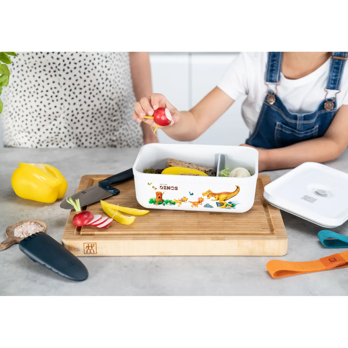 Vakuum Lunchbox DINOS L, Weiß-grau