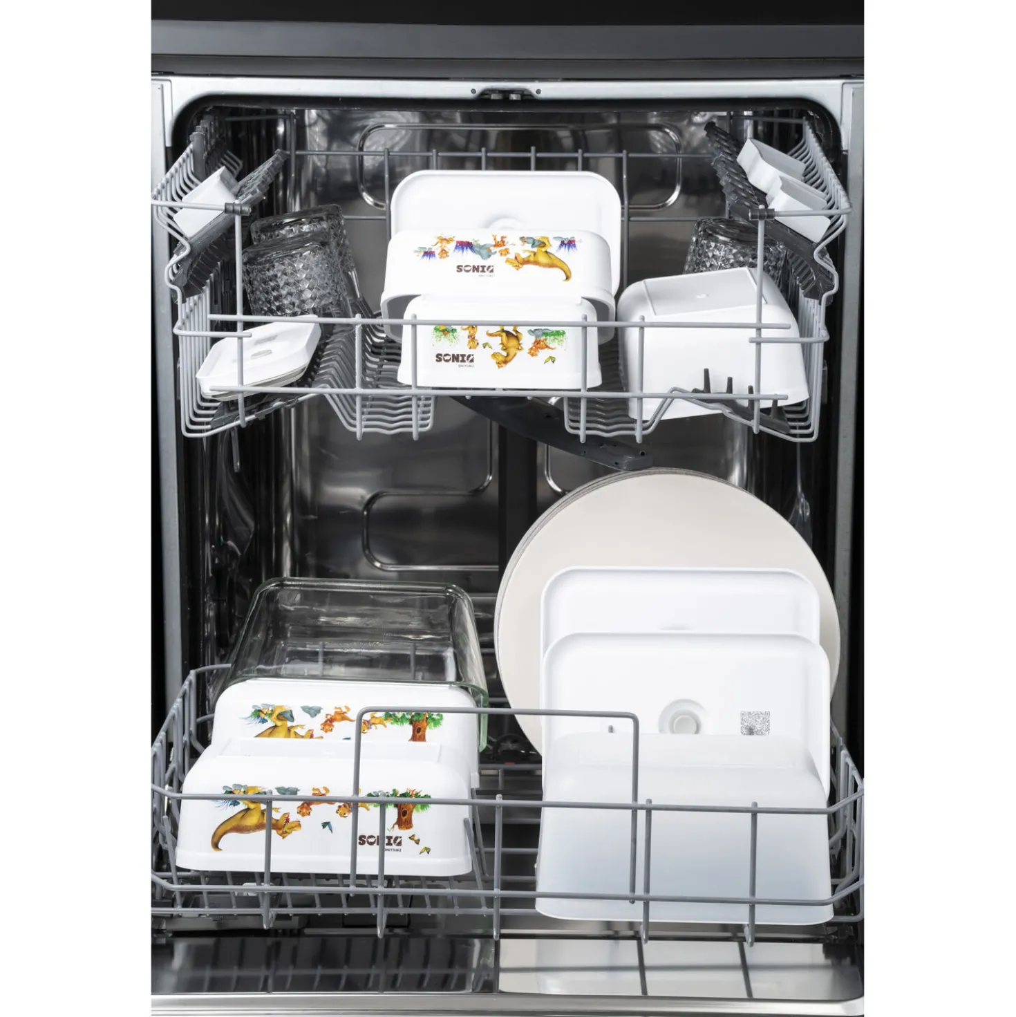 Vakuum Lunchbox DINOS M, Weiß-grau