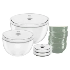 Vakuumschüssel & Deckel Set, 10-tlg. / S/M/L, Eukalyptus/Transparent, Keramik/Glas