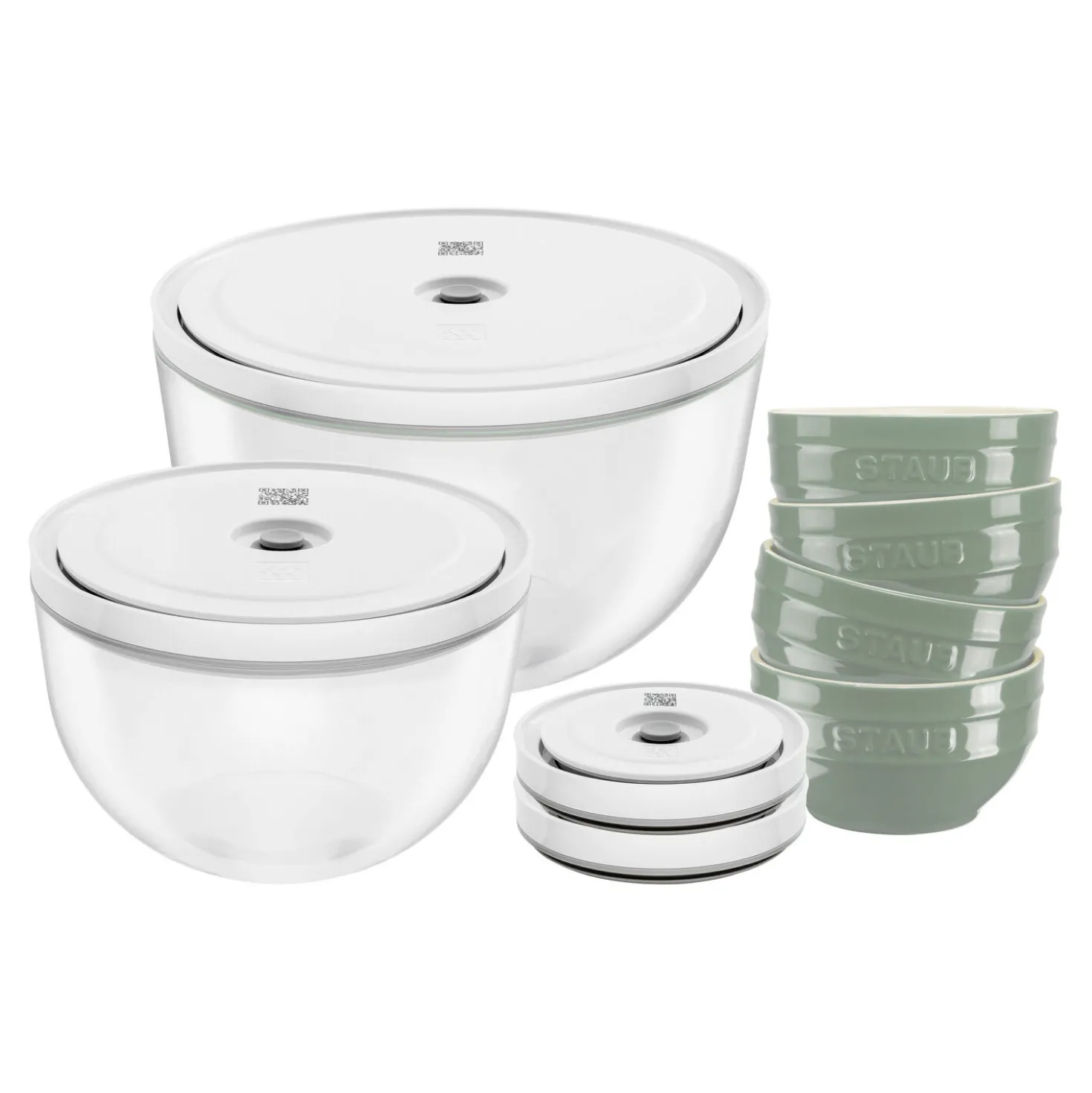 Vakuumschüssel & Deckel Set, 10-tlg. / S/M/L, Eukalyptus/Transparent, Keramik/Glas