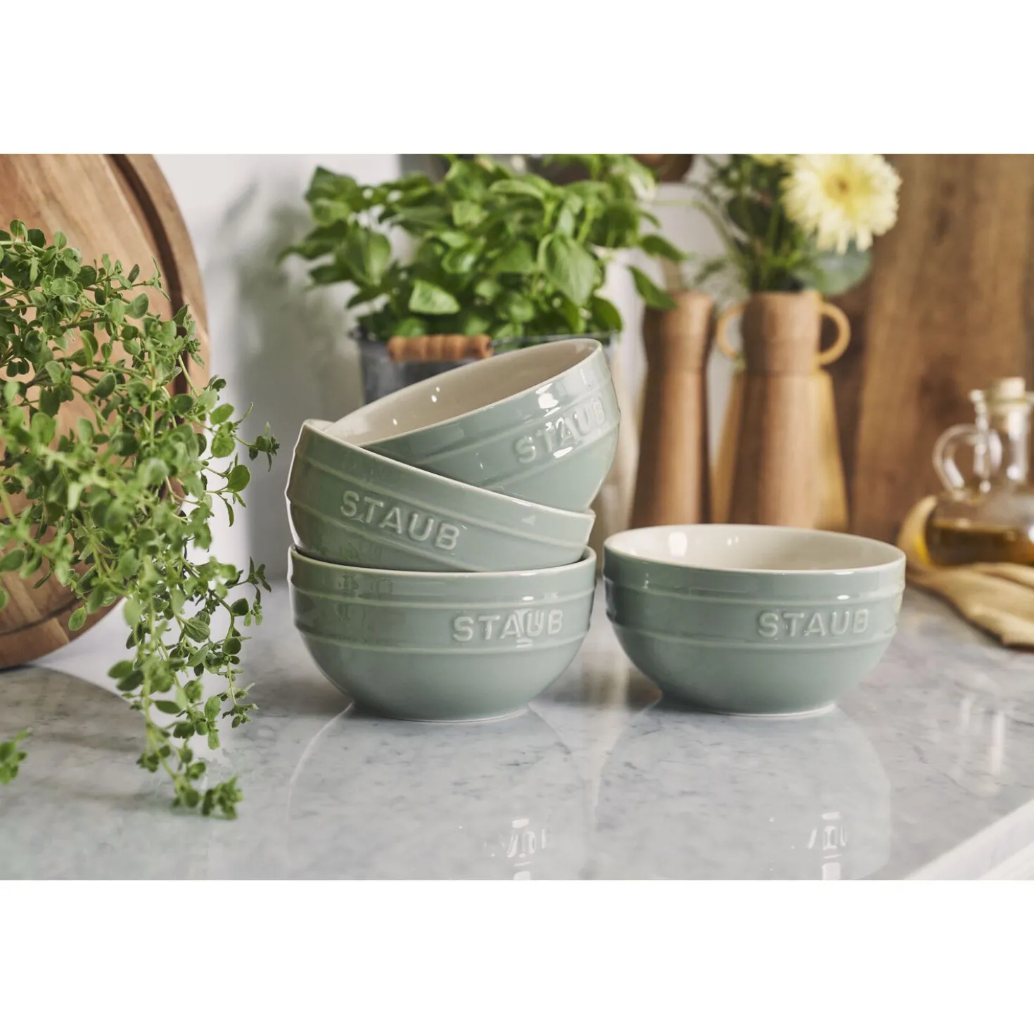 Vakuumschüssel & Deckel Set, 10-tlg. / S/M/L, Eukalyptus/Transparent, Keramik/Glas
