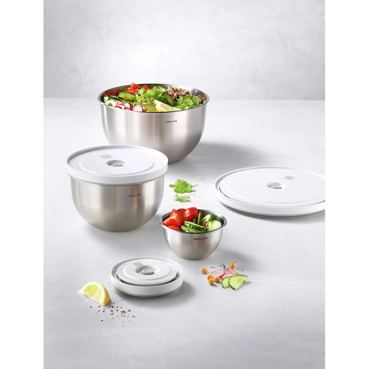 Vakuumschüssel Set S/M/L / 6-tlg, Edelstahl, Silber-Weiß