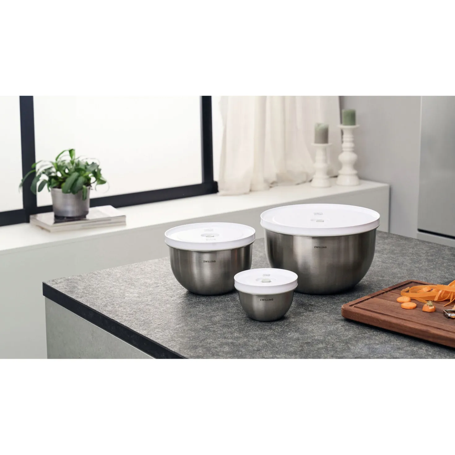 Vakuumschüssel Set S/M/L / 6-tlg, Edelstahl, Silber-Weiß