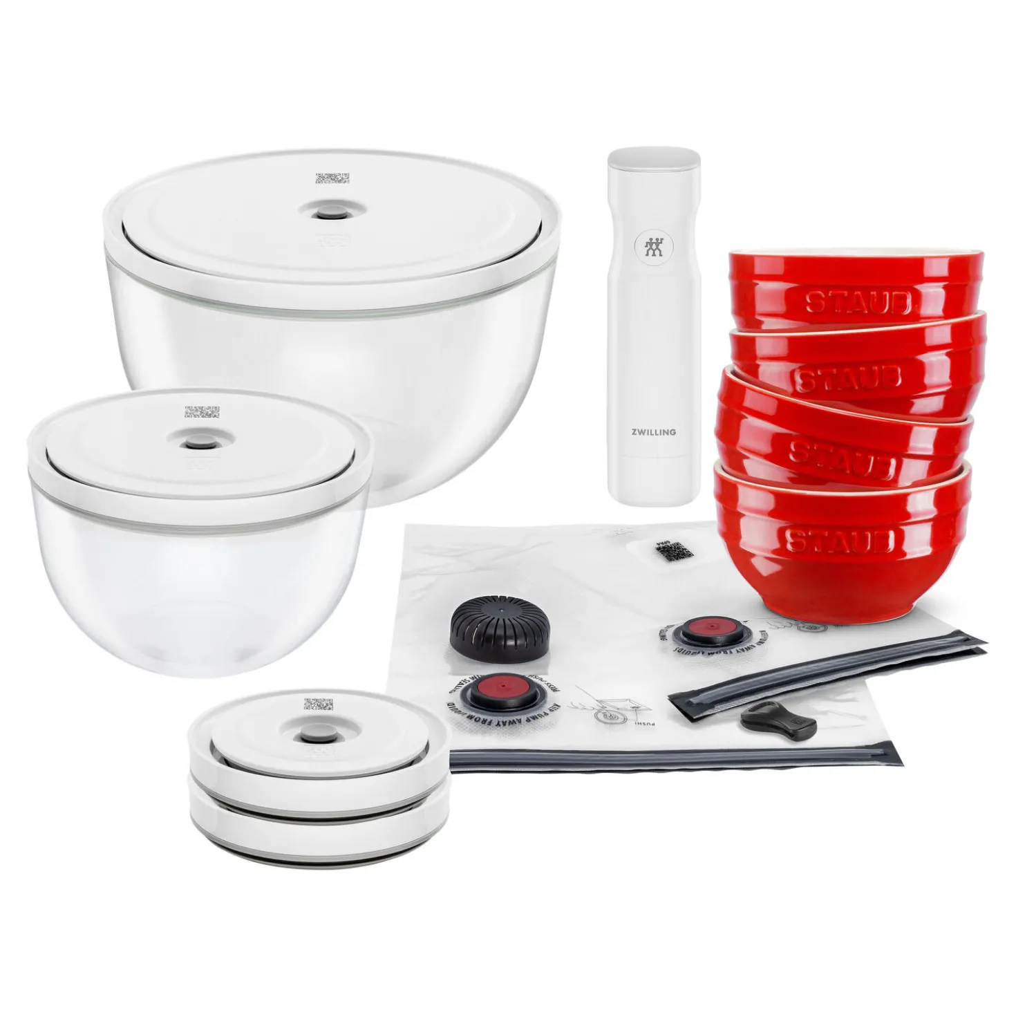 Vakuumschüssel Starterset, 15-tlg. / S/M/L, Kirsch-Rot/Transparent, Keramik/Glas