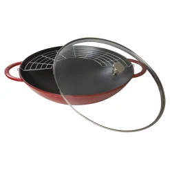 Wok mit Glasdeckel 37 cm, rund, Kirsch-Rot, Gusseisen