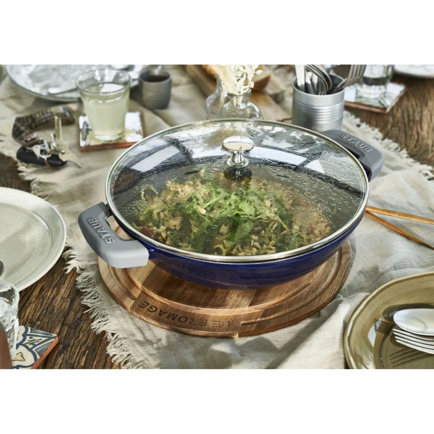 Wok mit Glasdeckel 30 cm, rund, Dunkelblau, Gusseisen