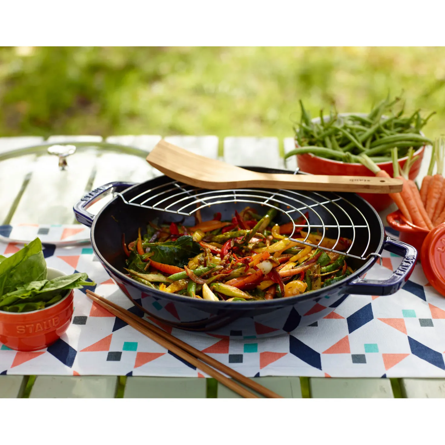 Wok mit Glasdeckel 30 cm, rund, Dunkelblau, Gusseisen