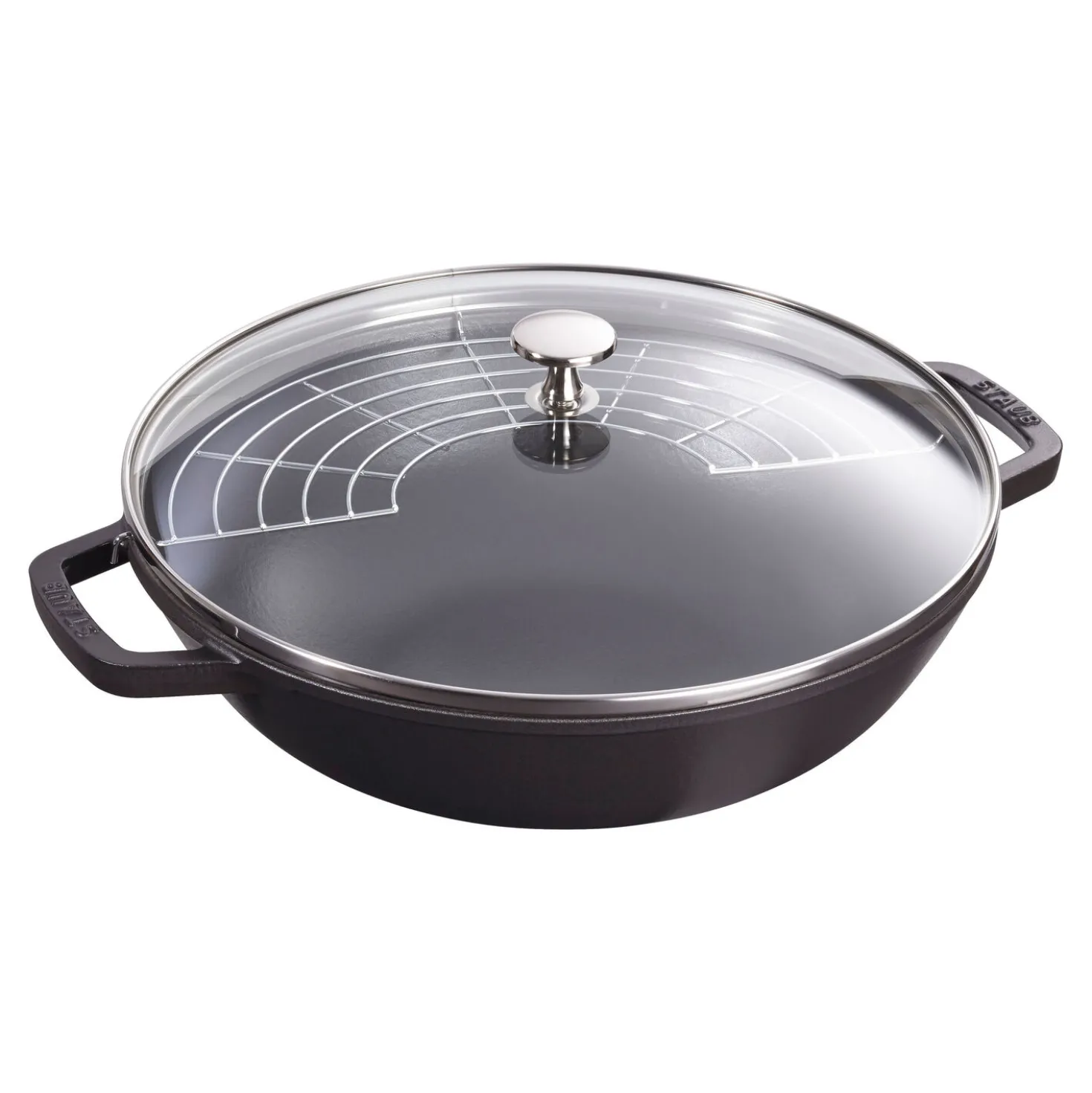 Wok mit Glasdeckel 30 cm, rund, Schwarz, Gusseisen