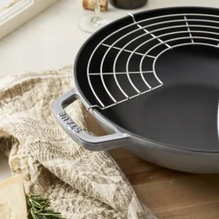 Wok mit Glasdeckel 30 cm, rund, Graphit-Grau, Gusseisen