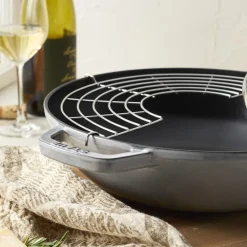 Wok mit Glasdeckel 30 cm, rund, Graphit-Grau, Gusseisen