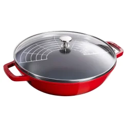 Wok mit Glasdeckel 30 cm, rund, Kirsch-Rot, Gusseisen