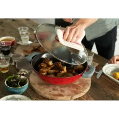 Wok mit Glasdeckel 30 cm, rund, Kirsch-Rot, Gusseisen